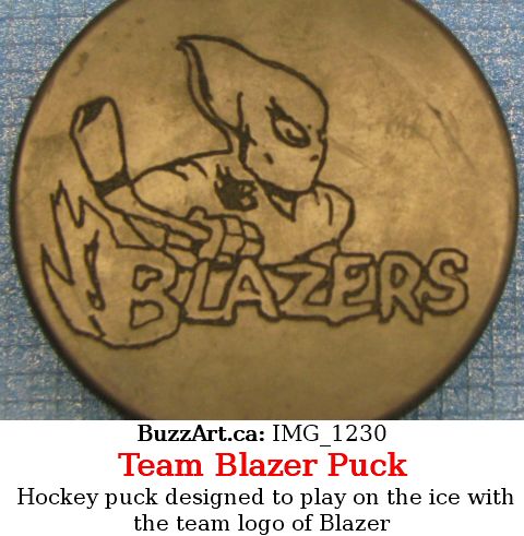 Hockey puck designed to play on the ice with the team logo of Blazer